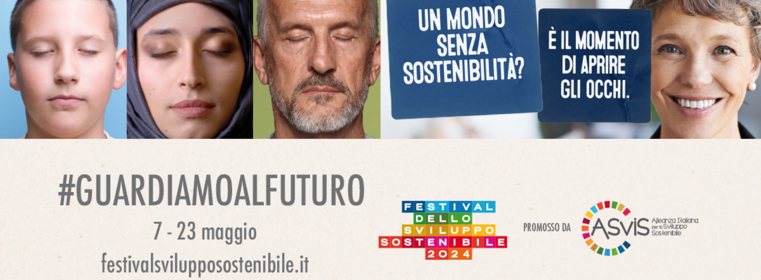 Locandina Festival dello Sviluppo Sostenibile 2024 #GUARDIAMOALFUTURO 7-23 maggio promosso da ASVIS Alleanza Italiana per lo Sviluppo Sostenibile 