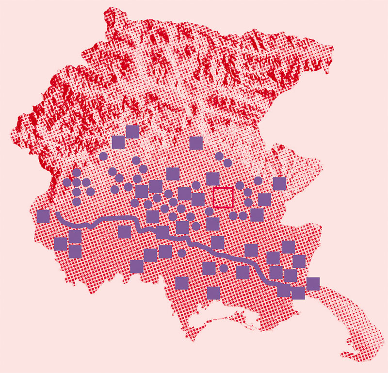 Distribuzione generale dei castellieri e tumuli friulani. Il sito di Udine è evidenziato da un quadrato rosso (da Pizziolo 2024)