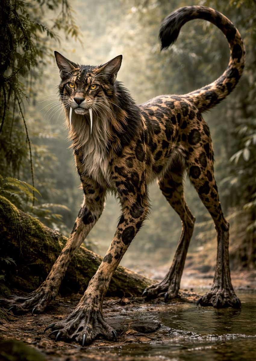 Ricostruzione iperrealistica di animale immaginario, un felino con manto mimetico, zampe allungate e lunghe zanne.