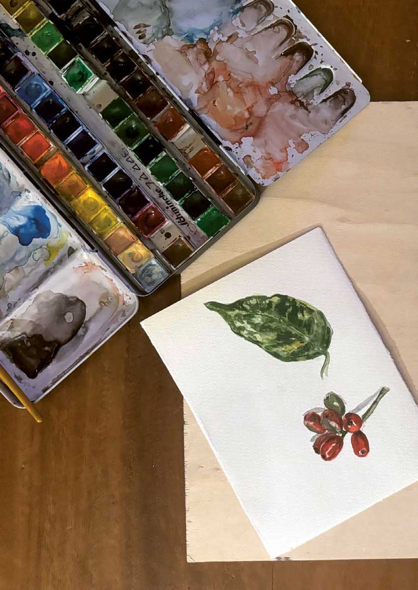 Tavolo con palette di acquerelli e dipinto botanico di foglia e bacche rosse. Foto di P. Gasparotto