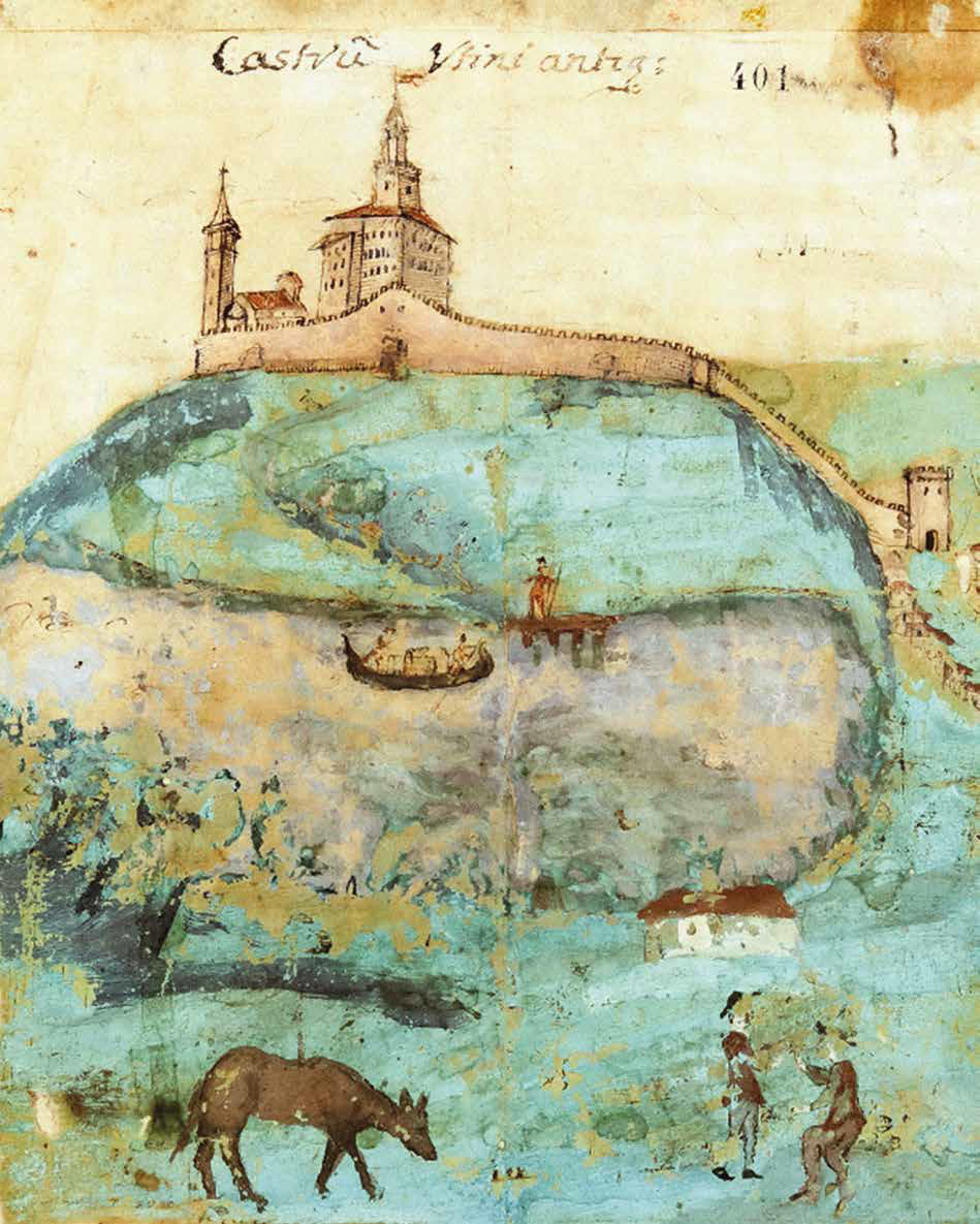 Immagine del celebre acquerello di E. Palladio, ora conservato alla Biblioteca Civica ''V. Joppi'' di Udine. In esso vengono raffigurati il Castello di Udine, cinto di mura, il suo colle e il laghetto che sorgeva in corrispondenza dell'attuale piazza I Maggio; nel disegno sono apprezzabili anche un molo e un'imbarcazione, e in primo piano, un animale selvatico e due persone intente a conversare (Biblioteca Civica ''V. Joppi'', Fondo principale, ms. 523, c.401v)